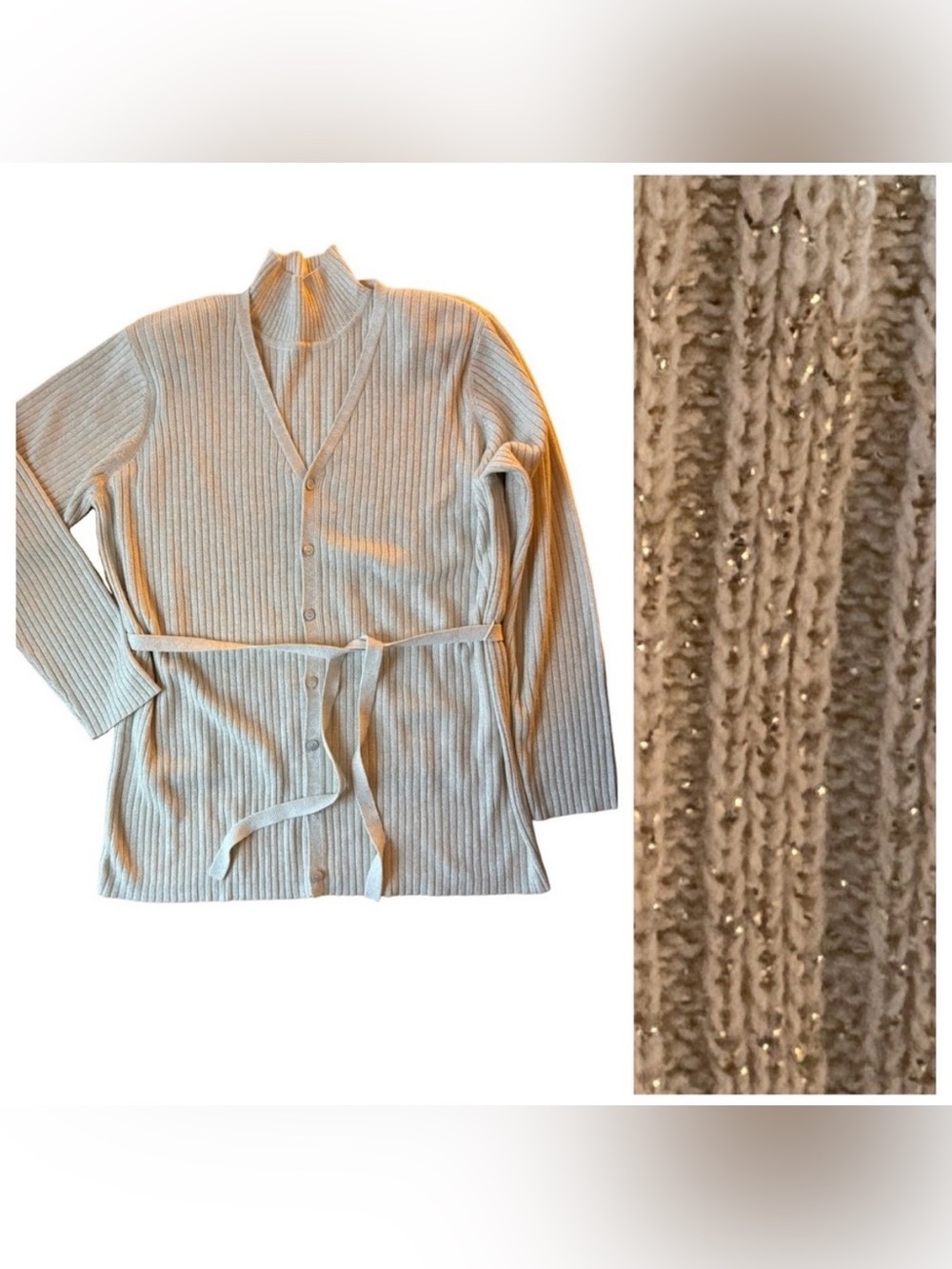 Karen Scott Cream Gold Thread Belted Button Cardigan & Tank Set Size Medium EUC